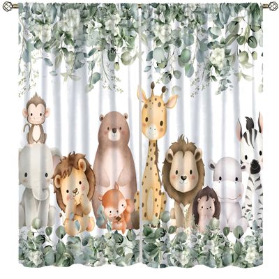 SYZWWSYX Kids Safari Animal Curtains, Woodland Jungle Cute Lion Bear Green Leafs Flowers Window Treatments for Bedroom Living Room Kitchen Nursery Drapes 2 Panel Sets, 42x45 Inch