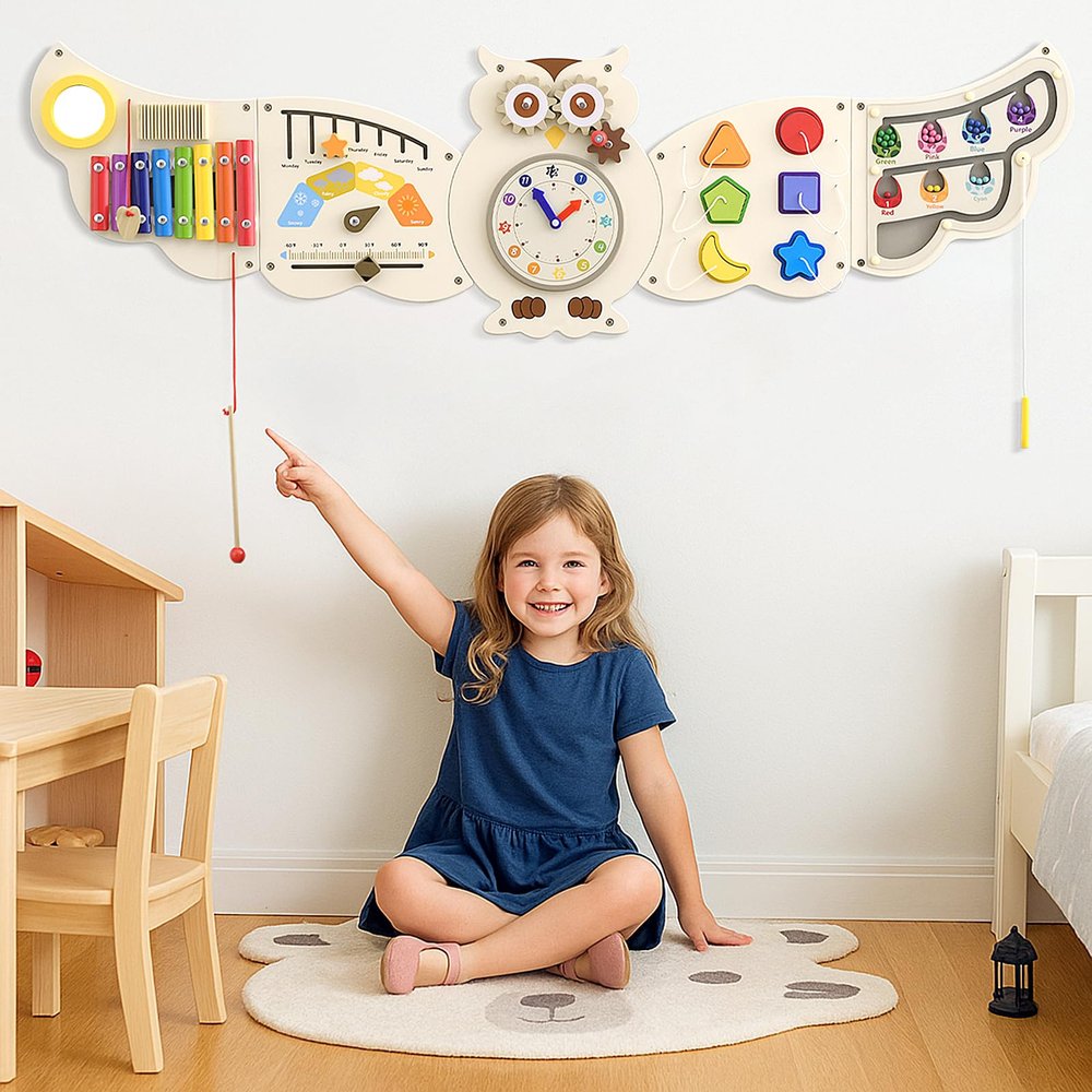 Gracano Owl Activity Wall ToysBusy Board, Wooden Montessori Sensory Toys, Learning Activity Center for Playroom,Daycare, Nursery, Classroom, Educational Toys for Toddler