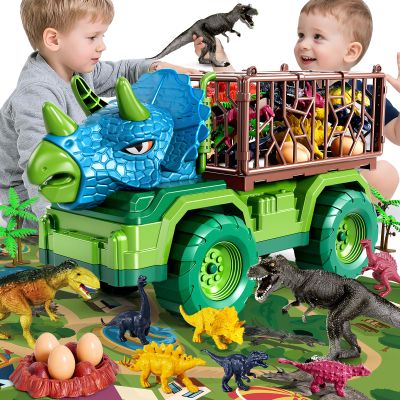 DULONIME Dinosaur Cars Truck Toys for Kids 3-5 with 8 Dinosaur Figures, Activity Play Mat, Jurassic Play Set for Boys and Girls Ages 5-7