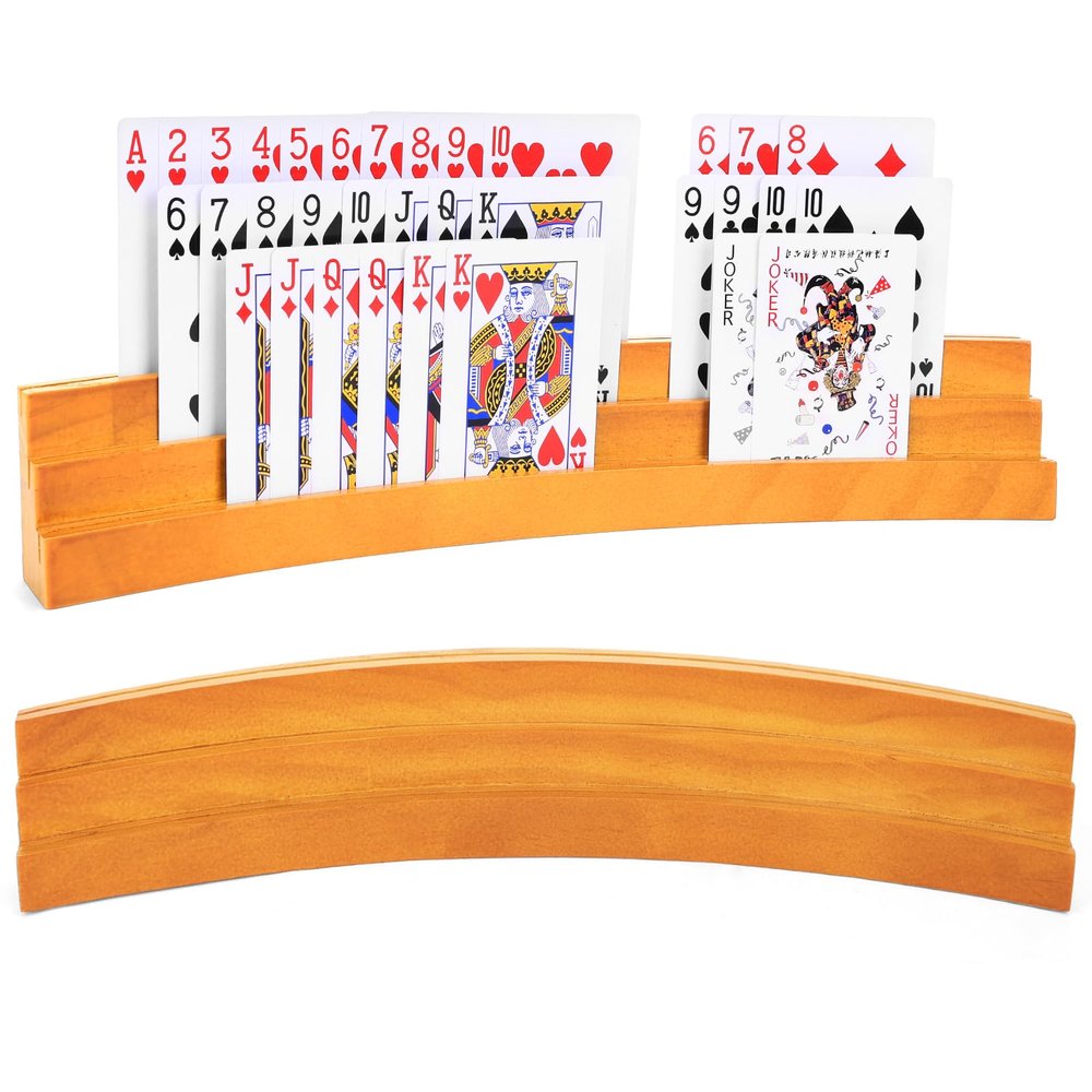 BOBOKA Curved Playing Card Holders for Kids Adults Seniors, Set of 2 Wood Cards Holders for Playing Cards, 3 Tiers, Hands Free Cards Holders for Family Card Game Night, Canasta, Bridge, Poker Parties