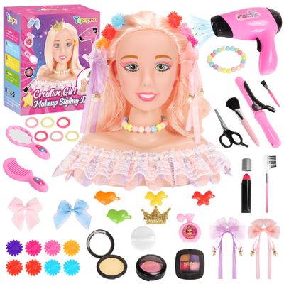 41PCS Deluxe Makeup Doll head for Girl Kid, Hair Head Styling Salon Doll Toy, Pretend Play Hair Styling Kit With Hairdryer Curling Iron Eye Shadow Powder Hair Clip Set Birthday Gift for 8+ Child