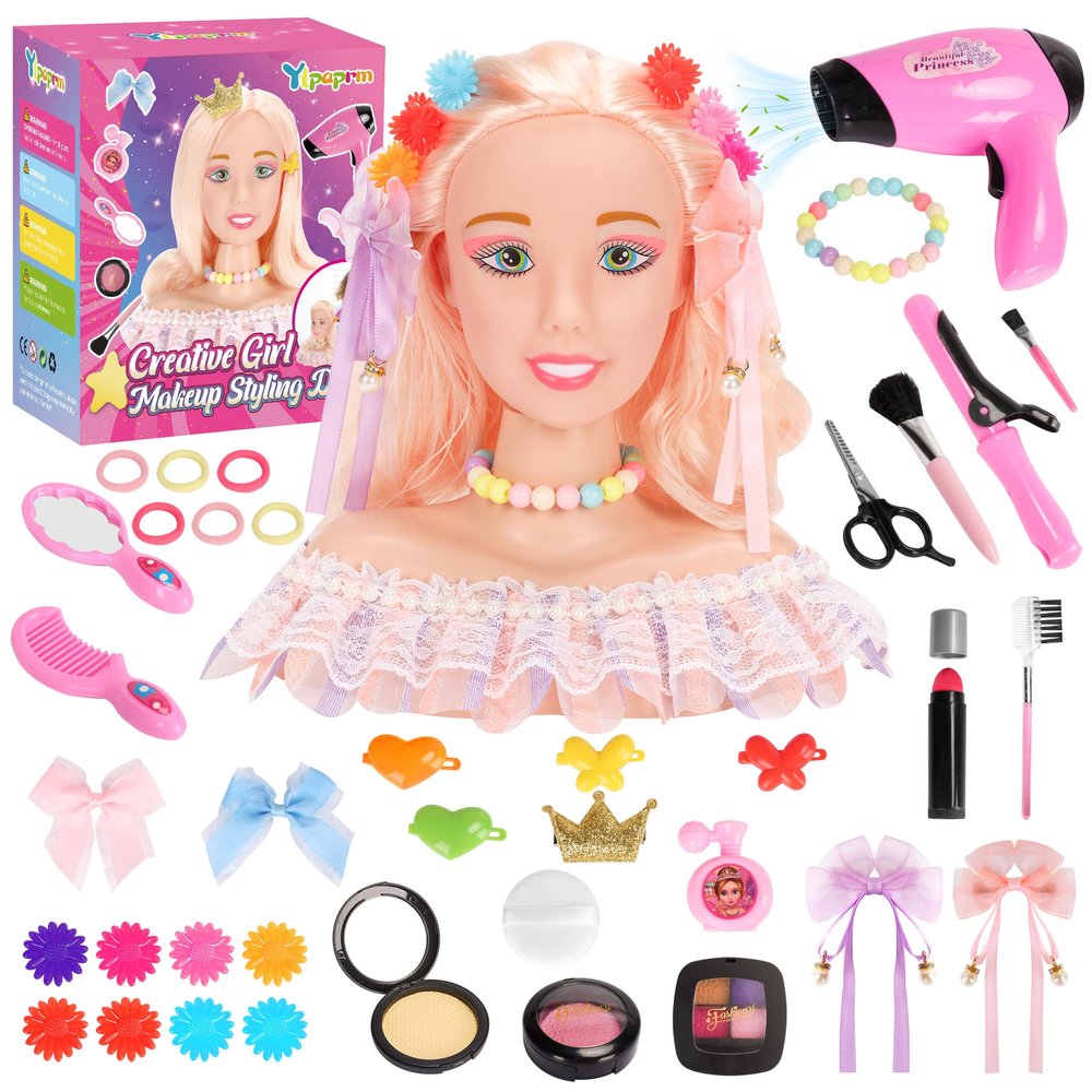 41PCS Deluxe Makeup Doll head for Girl Kid, Hair Head Styling Salon Doll Toy, Pretend Play Hair Styling Kit With Hairdryer Curling Iron Eye Shadow Powder Hair Clip Set Birthday Gift for 8+ Child