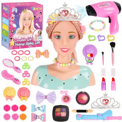 Ylpaprm 41PCS Deluxe Hair Styling Doll Head Makeup for Girl Kid, Pretend Play Doll with Hair Salon Toy Beauty Stylist with Crown Hairdryer Curling Iron Hairpins Powder Lipstick Kit Birthday for Girl