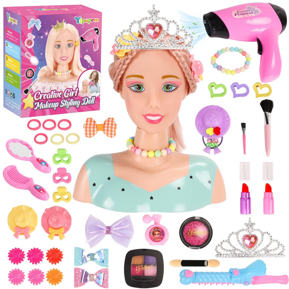 Ylpaprm 41PCS Deluxe Hair Styling Doll Head Makeup for Girl Kid, Pretend Play Doll with Hair Salon Toy Beauty Stylist with Crown Hairdryer Curling Iron Hairpins Powder Lipstick Kit Birthday for Girl