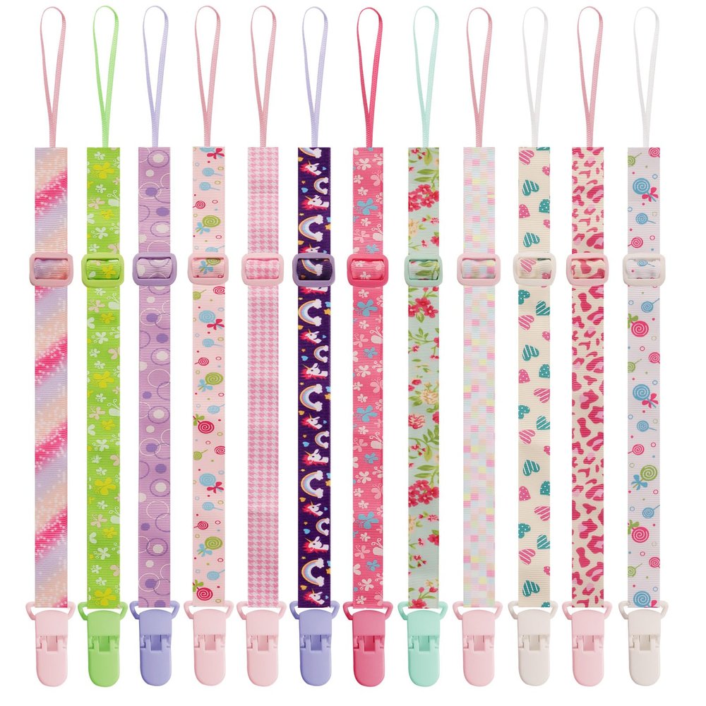 12 Pack Pacifier Clips with Adjustable Strap (32-46.5cm) - Premium Polyester Baby Pacifier Holder Set, Multi-Design Clips for Boys Girls Multi Color A