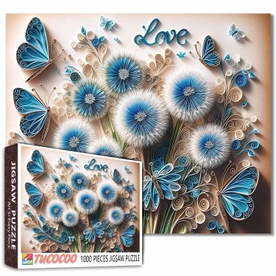 Blue Dandelion Bouquet Flower Jigsaw Puzzles 1000 Pieces for Adults Beautiful Butterfly Leaf Plants Challenging Family Activity Games Unique Home Decor Gifts Gifts for Friends and Family