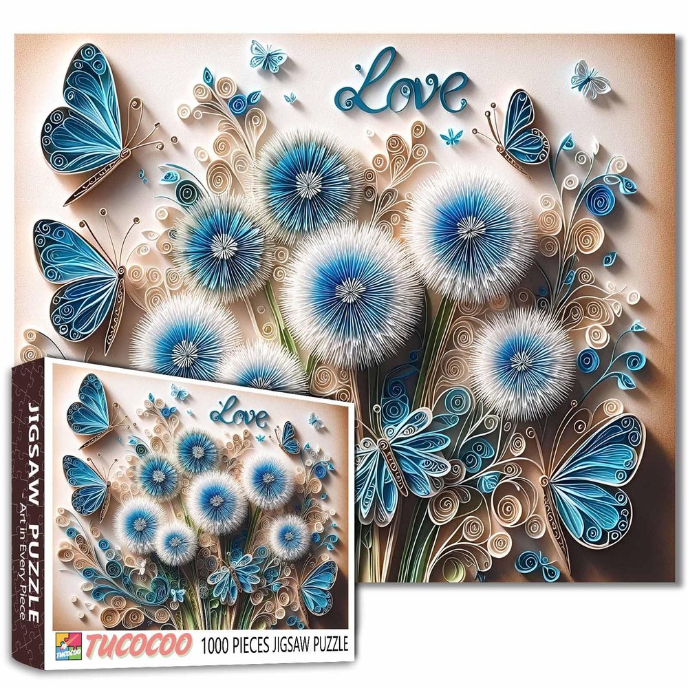 Blue Dandelion Bouquet Flower Jigsaw Puzzles 1000 Pieces for Adults Beautiful Butterfly Leaf Plants Challenging Family Activity Games Unique Home Decor Gifts Gifts for Friends and Family