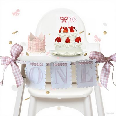 1st Birthday Decoration pink checkered bow High Chair Banner For girl No.1 checkered Crown Cake Topper First Birthday Party Decorations