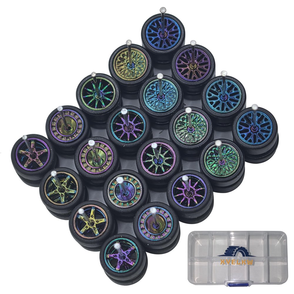 10 Set 1/64 Wheels and Tires Set, Chameleon Color 1 64 Scale Wheels with 5 Styles of Rims and Rubber Tires for 1/64 Diecast Cars Upgraded and Modified Rubber Tires (10set)
