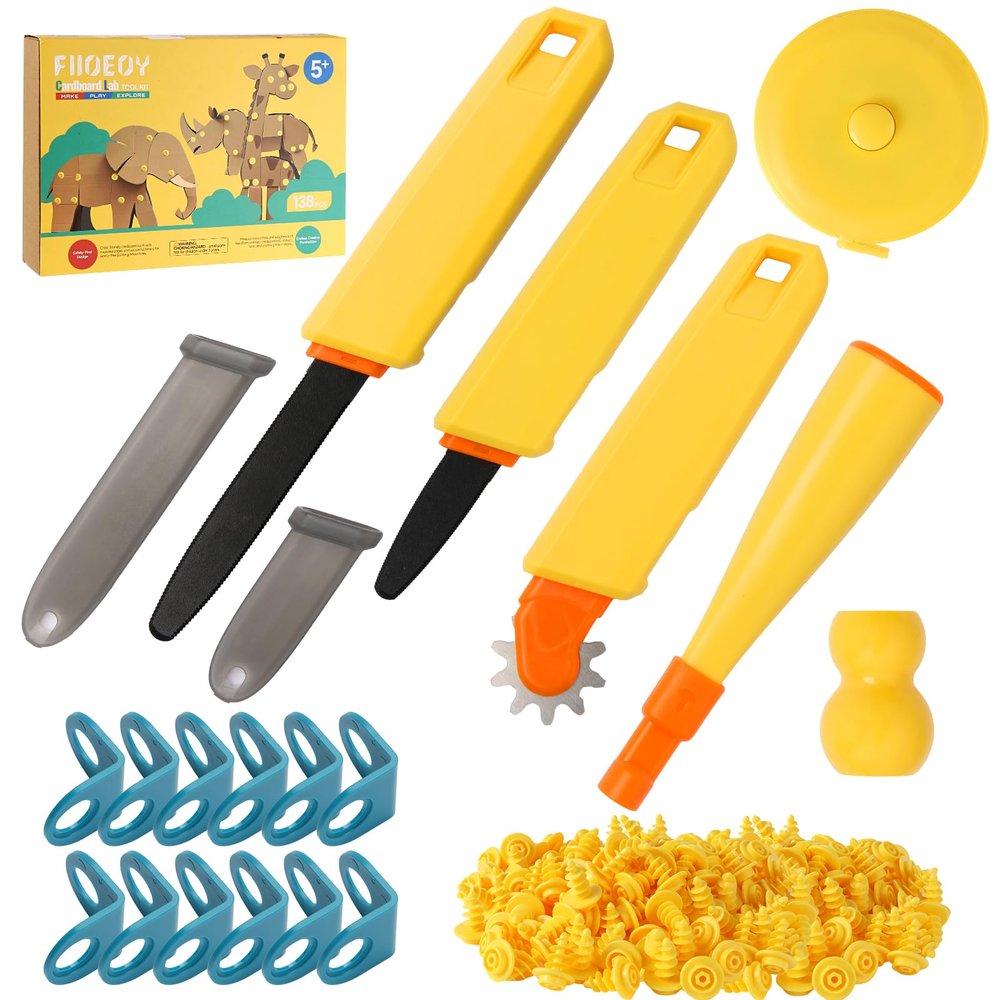 FIIOEOY Cardboard Construction Kit, 138 PCS Cardboard Cutting Tools for Kids, STEM Reusable Tool for DIY Creativity Projects Educational Toy Birthday Gift for Boys Girls Age 6+