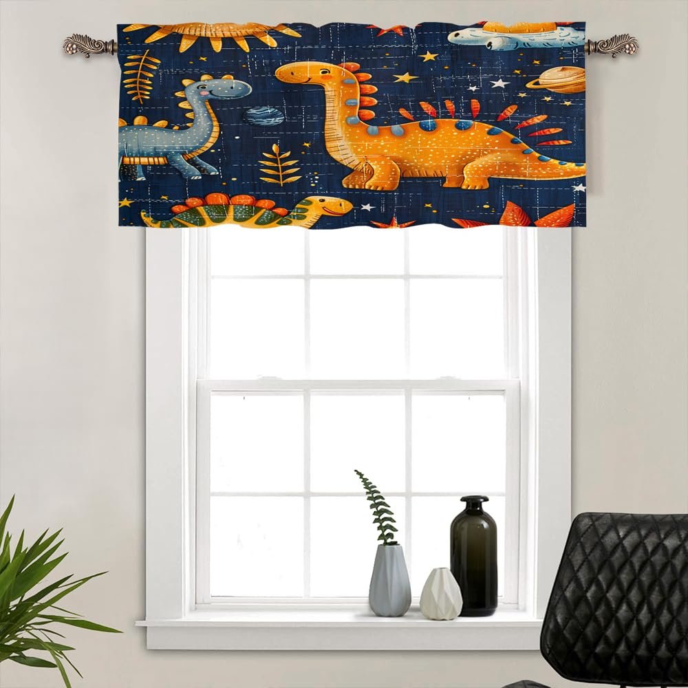 TOWINSFB Cute Cartoon Space Dinosaur Window Valances, Rod Pocket Playful Star Moon Animal Window Treatment Short Curtains for Kitchen/Bathroom/Living Room, 54" W X 18" L