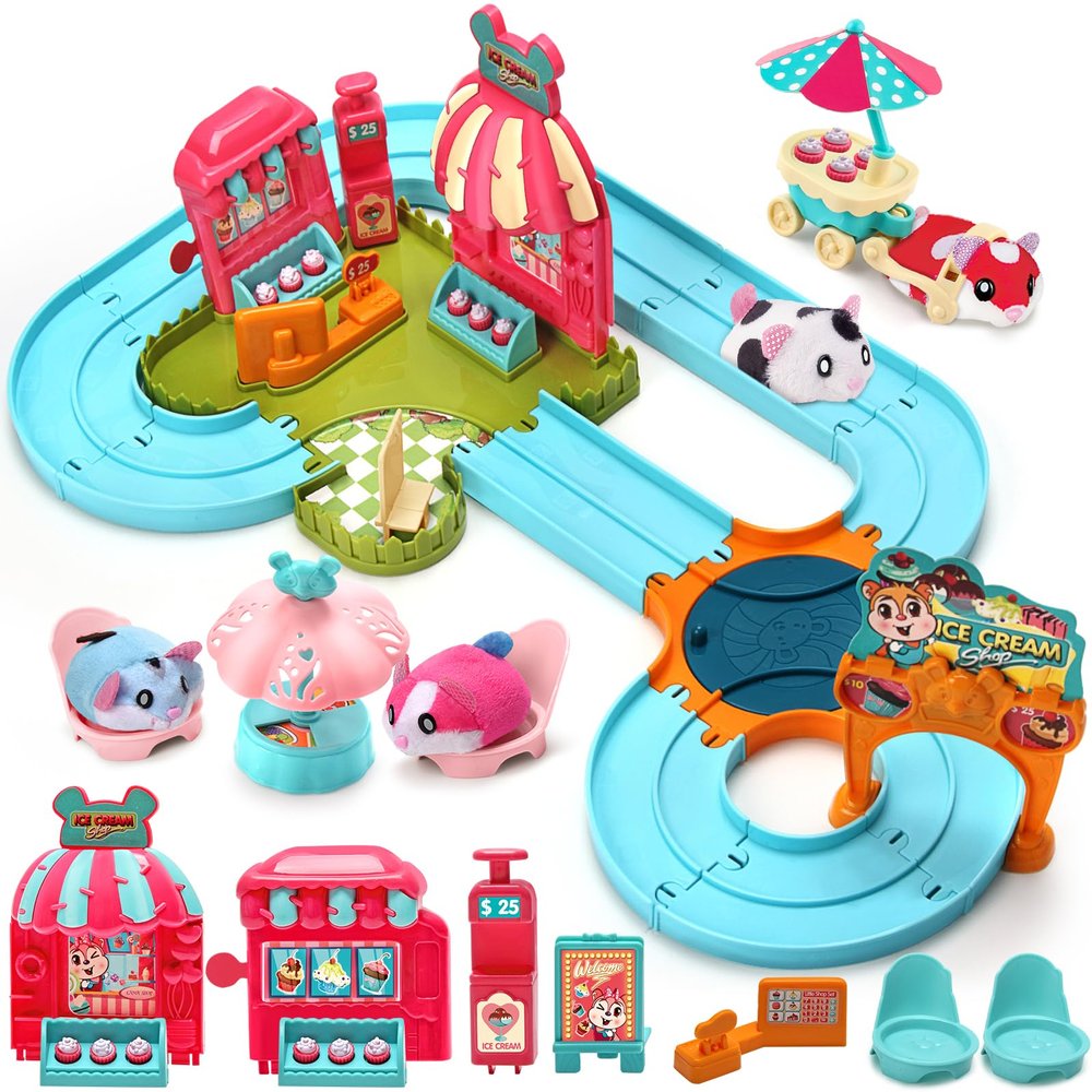 Hamster Track Toys for Kids - Pretend Play Ice Cream Theme Educational Track Car Games Set with 2 Mini Hamster Toys & Accessories, Birthday Toy for 3 4 5 6 7 Year Old Toddlers Boys Girls