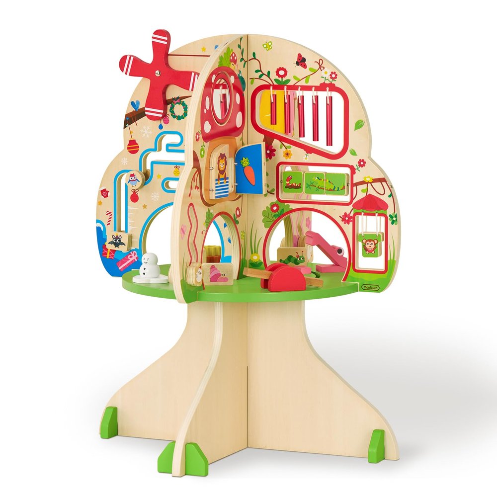 Monlurd Montessori Wooden Tree Activity Center, Sensory Table & Busy Board for Toddlers 1-3, 4-Season Learning Activity Cube for Playroom & Daycare