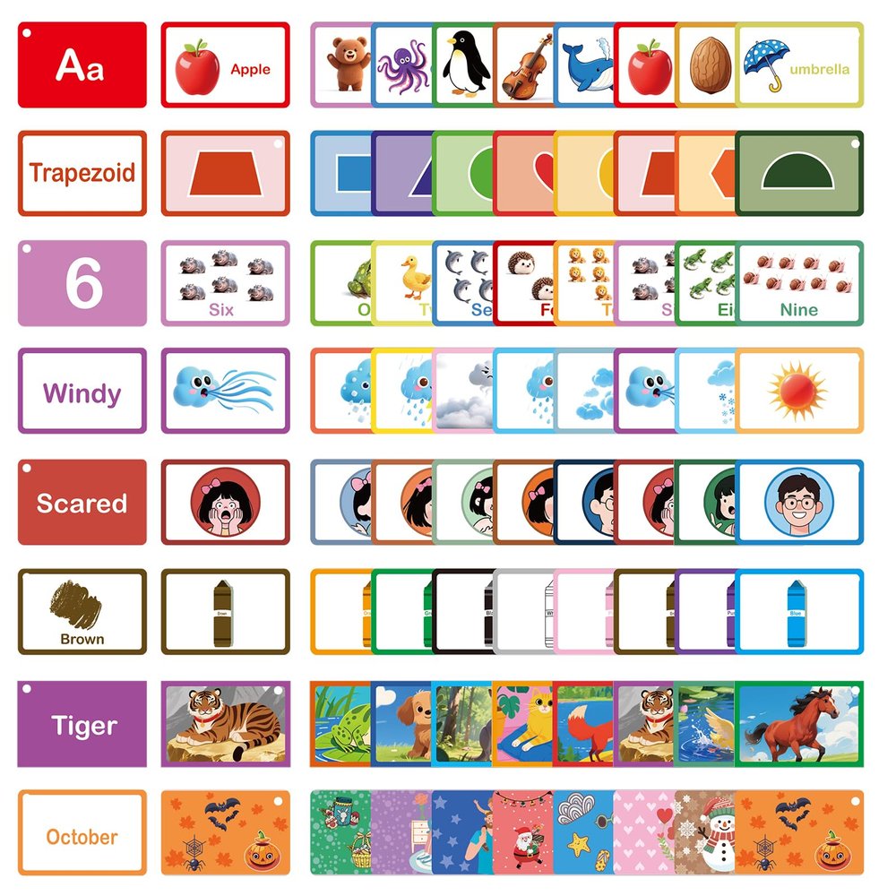 BESARME 100 Pcs Flash Card for Toddler 1-3 Alphabet Flashcards Learning & Sight Words for Numbers, Colors, Months, Weather, Shapes, Animals and Emotions
