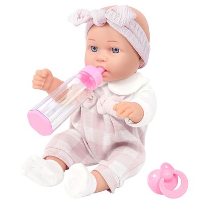 Ecore Fun 12" Baby Doll and Clothes Accessories Playset - 6 Pcs 12 Inch Doll with Pink Romper Outfit, Headband, Socks, Pacifier, Bottle | Gift Ready in Box