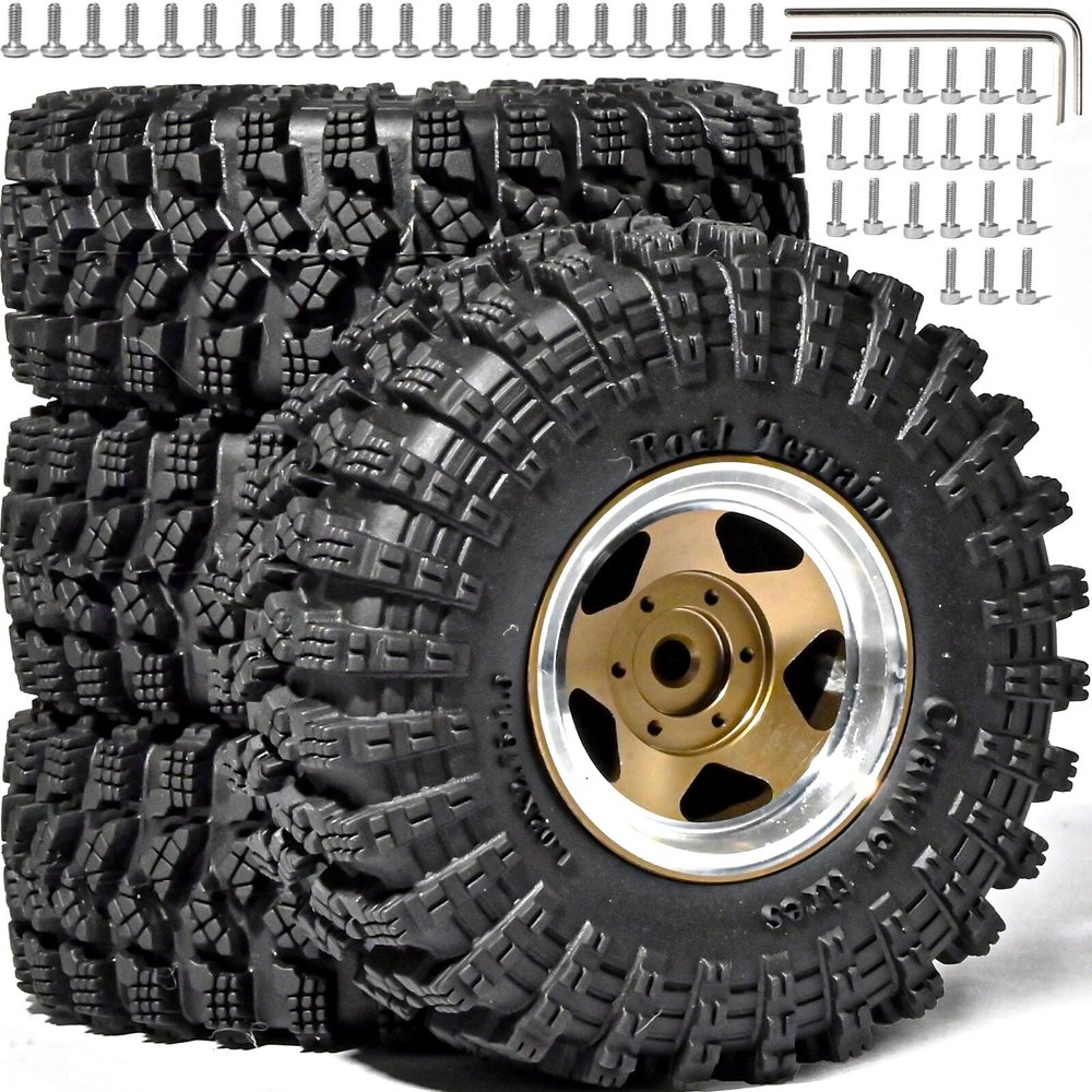 1.3 Beadlock Wheel Tires Set 70 * 26mm Aluminum Wheel Rims Super Large Soft Mud Terrain Off-Road Tires for 1/18 1/24 RC Crawler Car SCX24 Axial AX24 FMS FCX24 TRX4M Upgrade RC Car4 Pcs Blonze