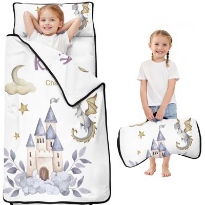 Personalized Toddler Nap Mat for Girls Custom Name CastleBags Sleeping Bag with Pillow & Blanket Soft & Portable for Daycare, Preschool & Kindergarten