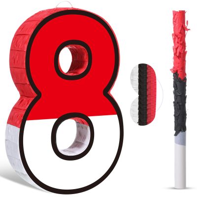 Pasimy Number 8 Piata Red and White Cartoon Animation Piata with Stick Blindfold Confetti for Video Game Birthday Party Baby Shower Anniversary Celebration Decorations, 15.7 x 12.6 Inch