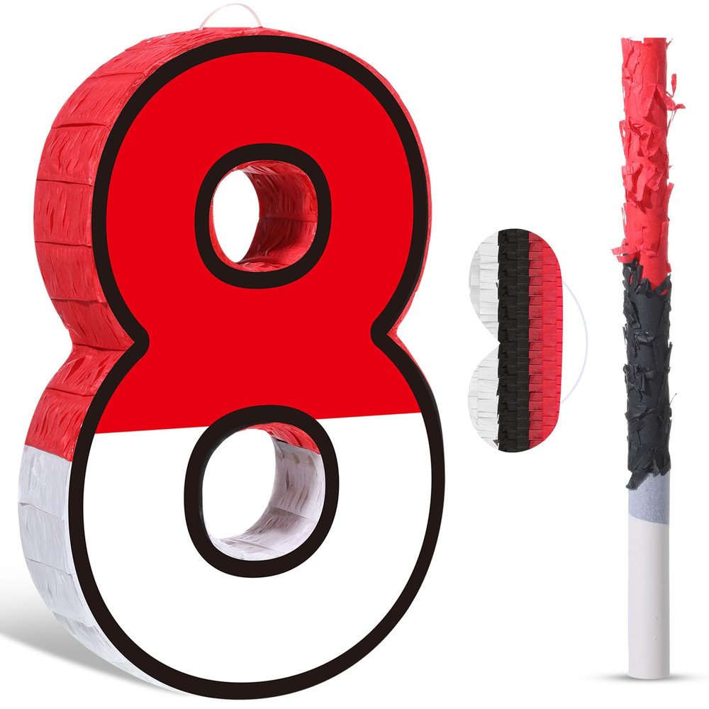 Pasimy Number 8 Piata Red and White Cartoon Animation Piata with Stick Blindfold Confetti for Video Game Birthday Party Baby Shower Anniversary Celebration Decorations, 15.7 x 12.6 Inch