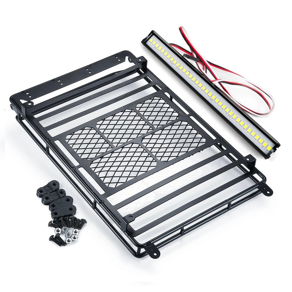 for Axial for SCX10 90046 for TRX4 1/10 RC Crawler RC Car Roof Rack Metal Luggage Carrier with Light Bar 232 * 153mm Rc Car Headlamps Lights(Roof Rack and Light)