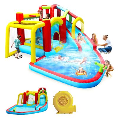BKNROIHB 7 in1 Inflatable Water Park Bouncing House with Soccer Garden Bouncer, Splash Pool, Water Gun, Climbing Wall, Basketball, Football