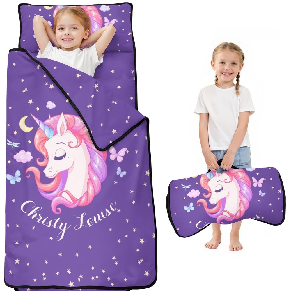 Personalized Toddler Nap Mat for Girls Custom Name Unicorn Sleeping Bag with Pillow & Blanket Soft & Portable for Daycare, Preschool & Kindergarten