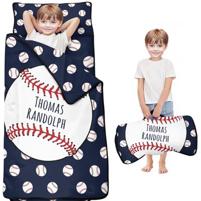Personalized Baseball Toddler Nap Mat for Boys Custom Name Sleeping Bag with Pillow & Blanket Soft & Portable for Daycare, Preschool & Kindergarten