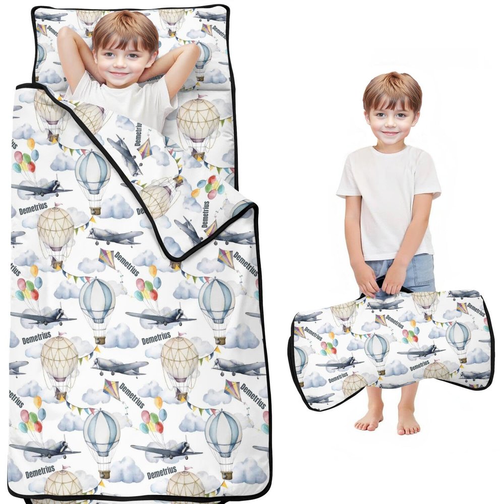 Personalized Hot Air Balloon Toddler Nap Mat for Boys and Girls Custom Name Sleeping Bag with Pillow & Blanket Soft & Portable for Daycare, Preschool & Kindergarten