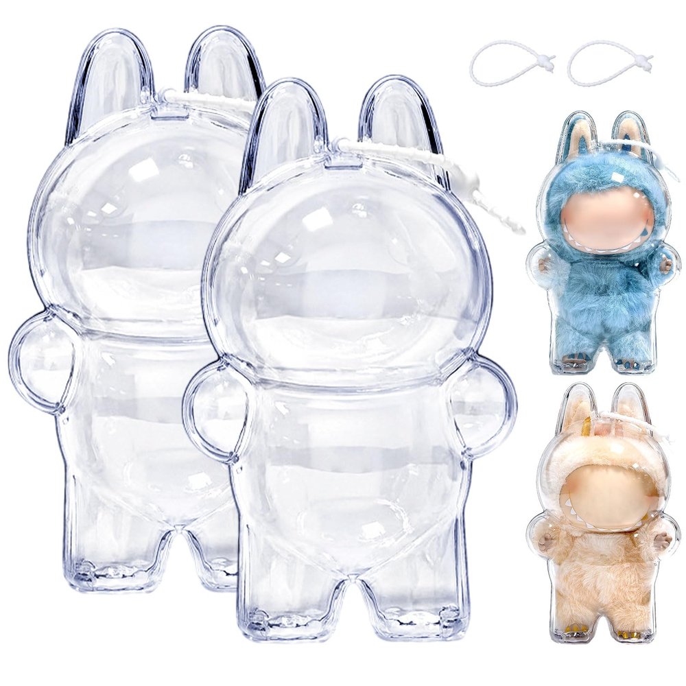 2PCS Protective Case for Monster Doll - Clear Standing Display Case, Plastic Portable Storage Box Cover with Silicone Strap for Mini Collectible Dolls ( Doll Not Included )