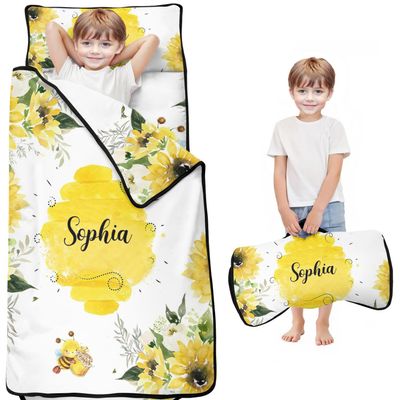 Personalized Bee Toddler Nap Mat for Boys and Girls Custom Name Sleeping Bag with Pillow & Blanket Soft & Portable for Daycare, Preschool & Kindergarten