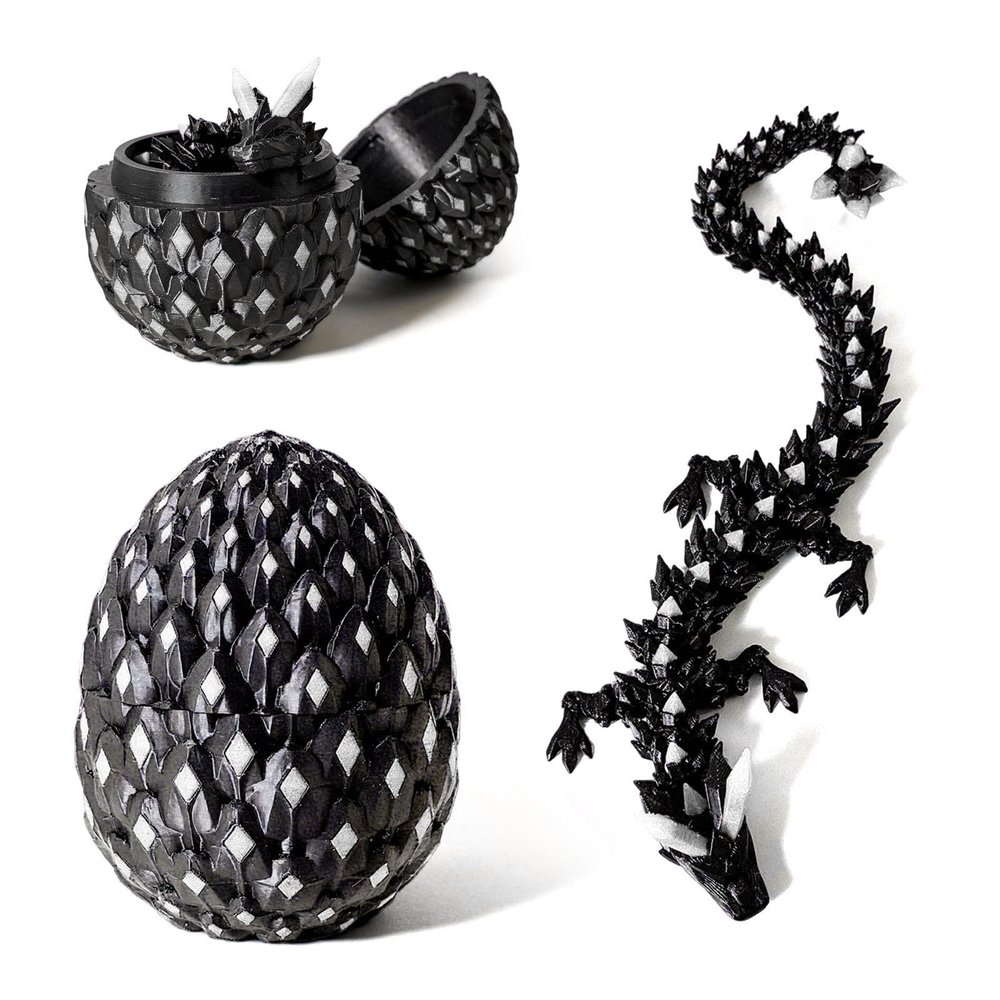 3D Printed Dragon Egg,Dragon Eggs with Dragon Inside Glow in The Dark Articulated Animals Toy, Mystery Easter Egg Articulated Crystal Animals Toy Mystery 3D Gift, Desk Decoration (Black White)