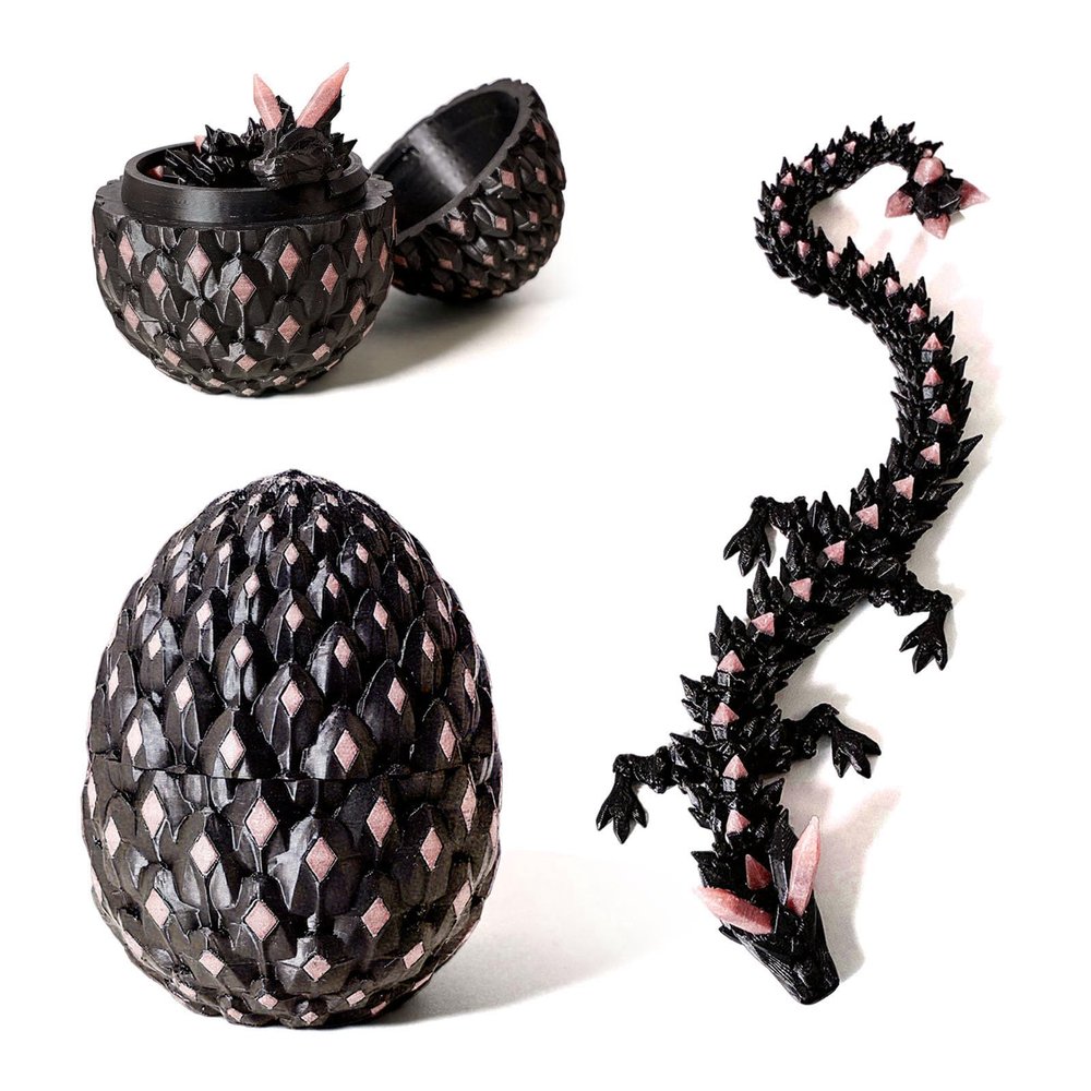 Aesinos 3D Printed Dragon Egg,Dragon Eggs with Dragon Inside Glow in The Dark Articulated Animals Toy, Mystery Easter Egg Articulated Crystal Animals Toy Mystery 3D Gift, Desk Decoration (Black Red)