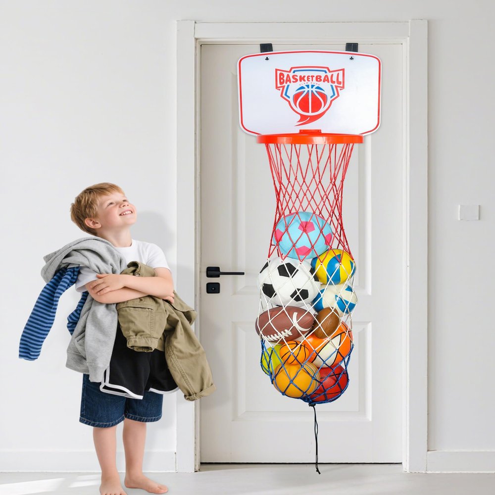Basketball Hoop Over the Door Basketball Laundry Hamper for 4-14 Year Old Boys, Room Decor and Fun Organizer Toy with Ball