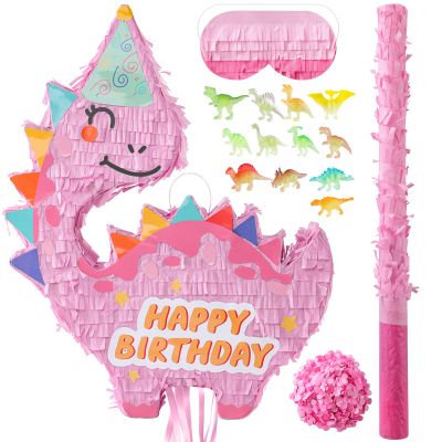 VinTS Pink Dinosaur Piata Kids Dino Piata with Blindfold Bat for Dinosaur Themed Party Game Girls Birthday Party School Activitives Dinosaur Birthday Decor(16.5x13x3.15in)