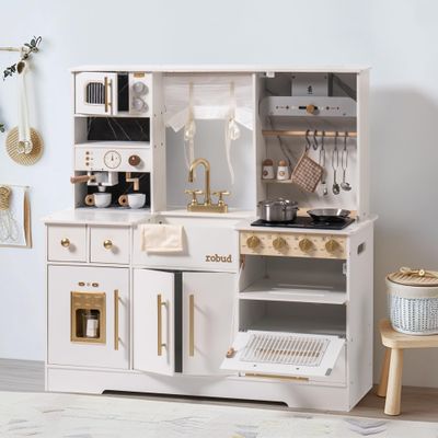 ROBUD Wooden Play Kitchen Set for Kids and Toddlers with Coffee Machine, Ice Maker, Microwave, Oven, Large Cabinet, 12 Accessories, Gift for 3+, White