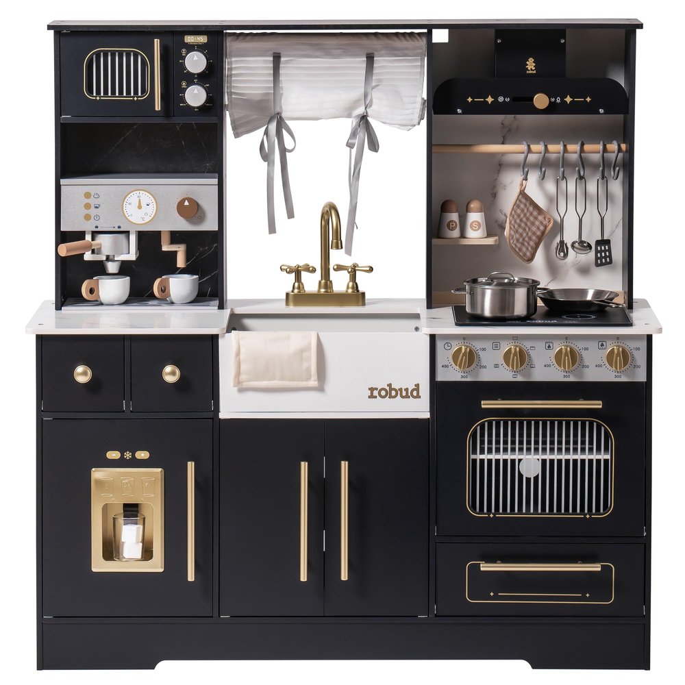 ROBUD Wooden Play Kitchen Set for Kids and Toddlers with Coffee Machine, Ice Maker, Microwave, Oven, Large Cabinet, 12 Accessories, Gift for 3+, Black