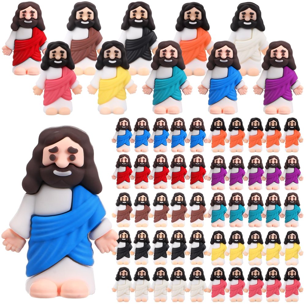 Bememo 50 Pcs Mini Jesus Figures Original Design Religious Easter Little Jesus Figures in Bulk to Hide and Seek Sunday School Religious Gift for Easter Egg Stuffers