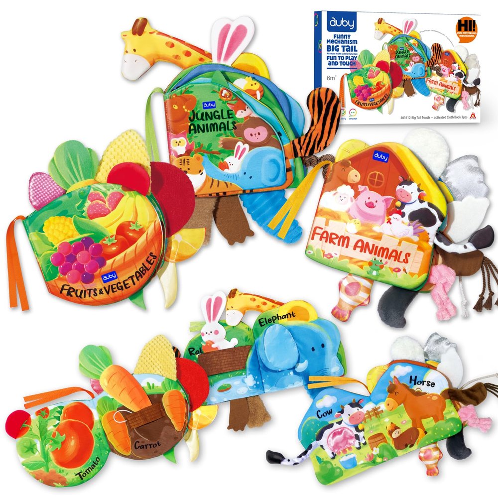 auby Baby Cloth Books - 3 Pack Soft Fabric Books for Babies with Crinkle Sound, Tactile Tails & Montessori Toys, Machine Washable