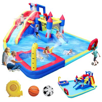 BKNROIHB 10-in-1 Inflatable Water Park Bouncing House with Splash Pool, Water Gun, Basketball, Climbing Wall, Dual Pools, and Soccer