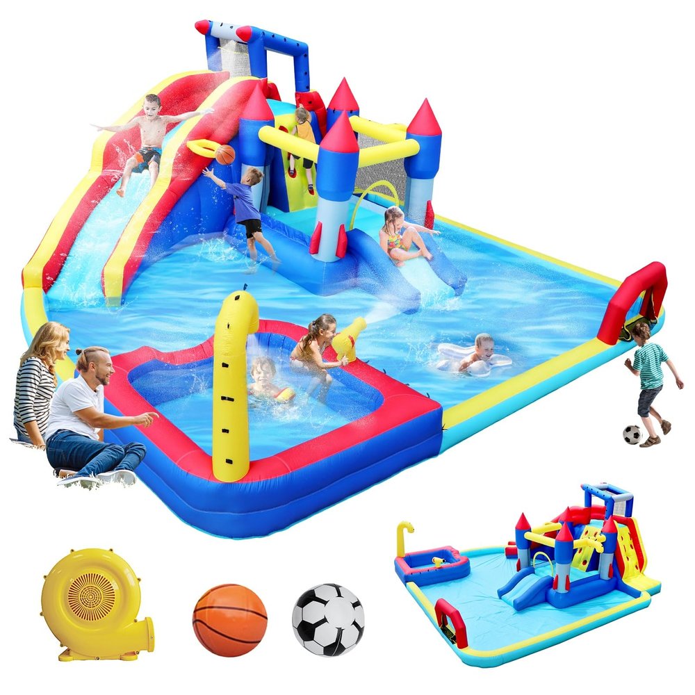 BKNROIHB 10-in-1 Inflatable Water Park Bouncing House with Splash Pool, Water Gun, Basketball, Climbing Wall, Dual Pools, and Soccer