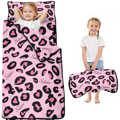 Personalized Toddler Nap Mat for Girls Custom Name Leopard Print Sleeping Bag with Pillow & Blanket Soft & Portable for Daycare, Preschool & Kindergarten