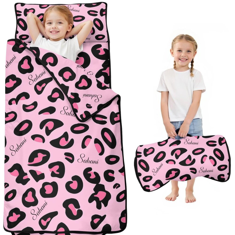 Personalized Toddler Nap Mat for Girls Custom Name Leopard Print Sleeping Bag with Pillow & Blanket Soft & Portable for Daycare, Preschool & Kindergarten