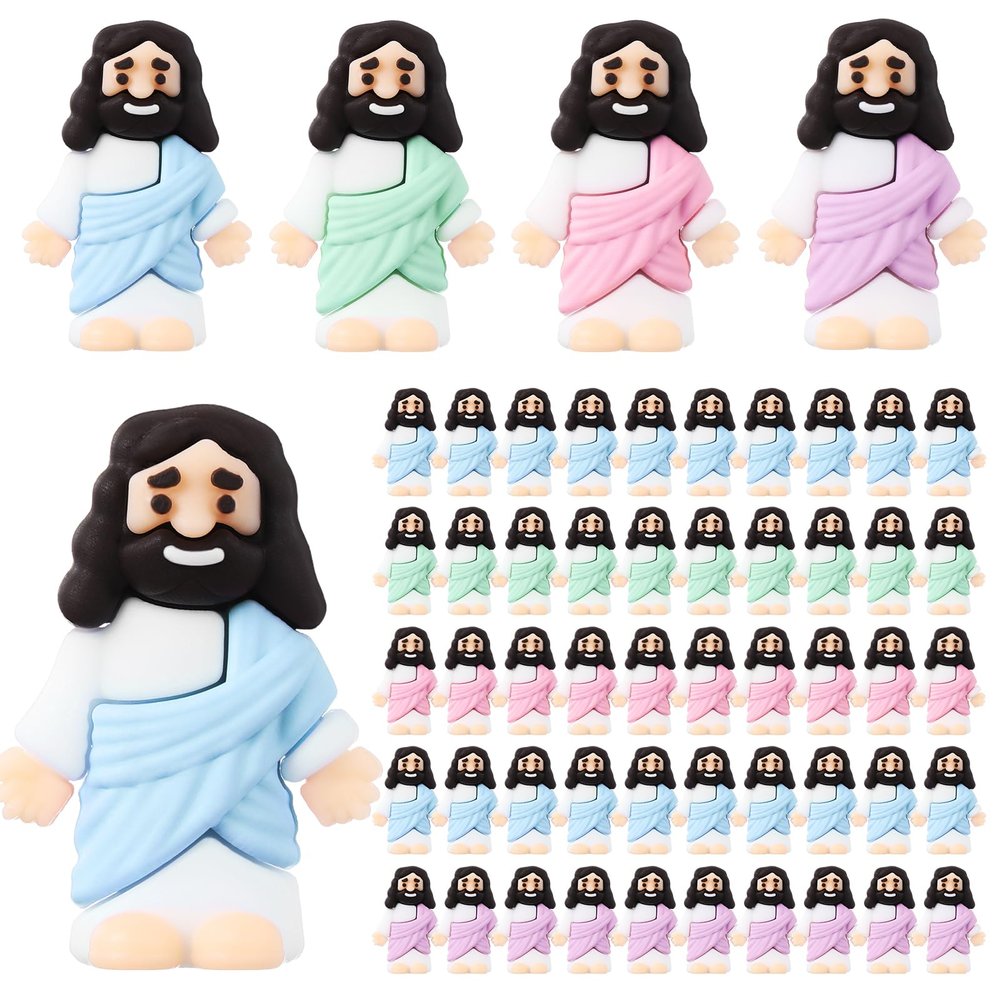 Bememo 50 Pcs Mini Jesus Figures Original Design Religious Easter Little Jesus Figures in Bulk to Hide and Seek Sunday School Religious Gift for Easter Egg Stuffers(Macaron Colors)