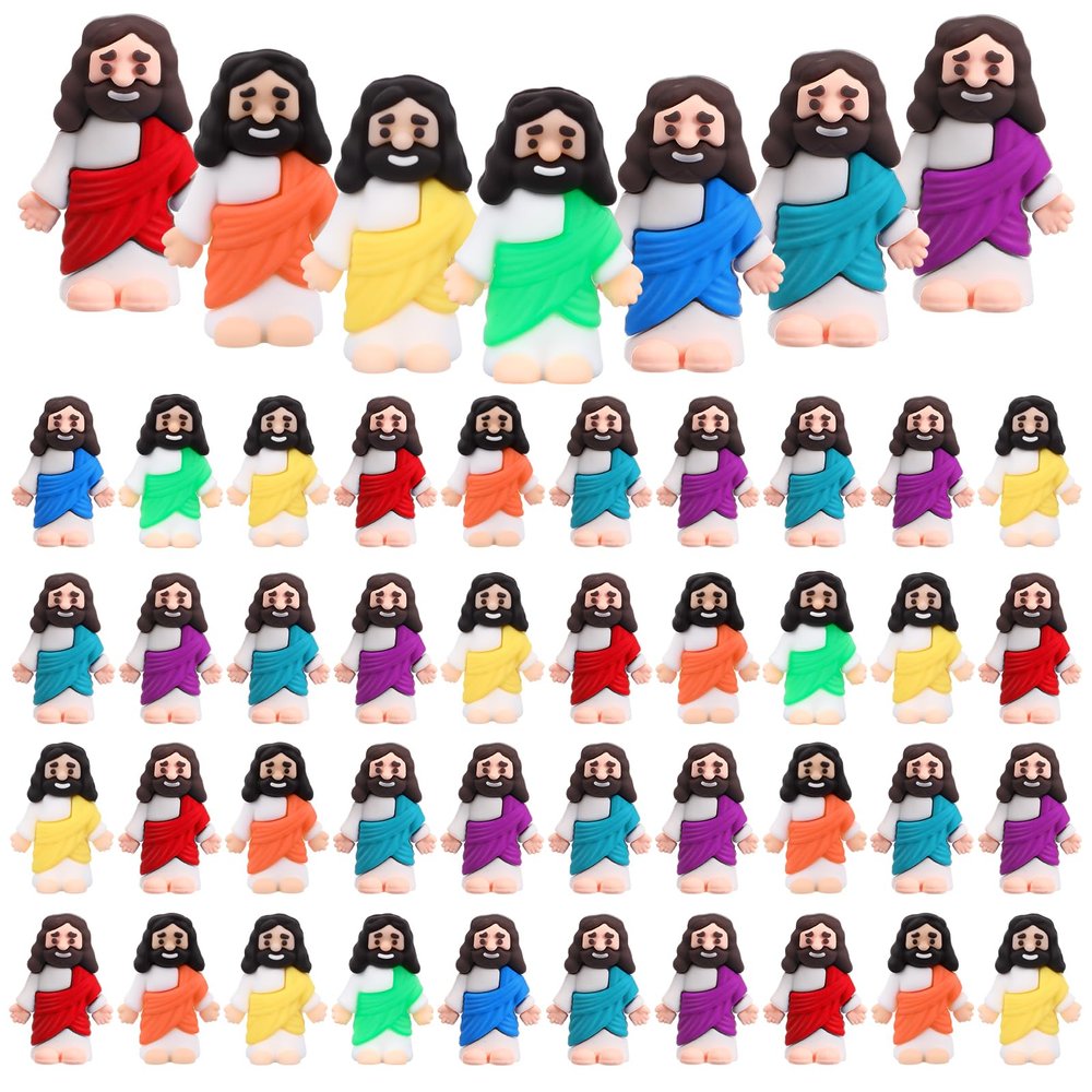 Bememo 50 Pcs Mini Jesus Figures Original Design Religious Easter Little Jesus Figures in Bulk to Hide and Seek Sunday School Religious Gift for Easter Egg Stuffers(Rainbow Colors)