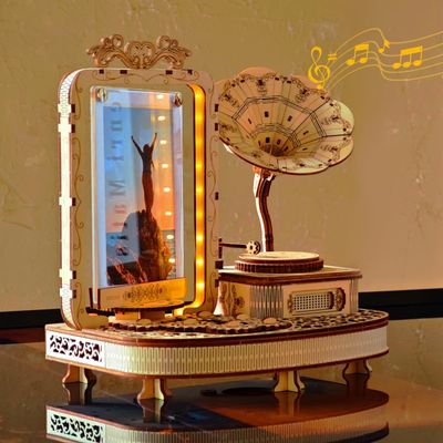 KWASVLYA 3D Wooden Gramophone - Dual-Motion Music Box & Rotating Photo Frame with LED Lights | Vintage Gram-Style Memory Display | 3D Puzzle Music Box - Thanksgiving/Christmas/Birthday Gifts