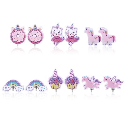 Mikovivi 6 Pairs Clip On Earrings for Kids, Cute Princess Resin Clip On Earrings No Pierced Kids Jewelry Donut Cupcake Rainbow Design Dress Up Jewelry for Toddler Girls Party Gift