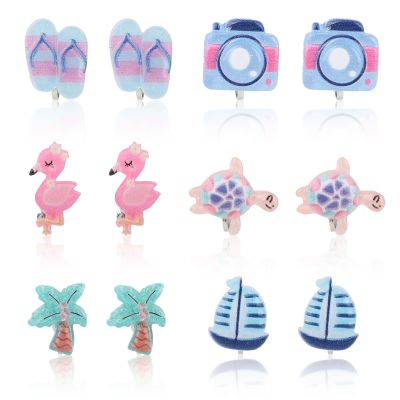 6 Pair Clip On Earrings for Girls, Colorful Resin Clip On Earrings Turtle Sailboat and More Pattern Non-Pierced Jewelry Beach Theme Jewelry Accessory for Kids Girls (6 Styles)