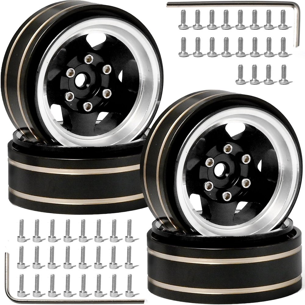 1.3 Beadlock Wheel Rim Aluminum Alloy Brass Negative Offset 1.3 Inches Wheel Hub Width 1.5cm OD 3.7cm Crawler Rims Fit for 1/18 1/24 TRX4M SCX24 FMS Ascent-18 RC Car Off Road Tire 4Pcs (Black)