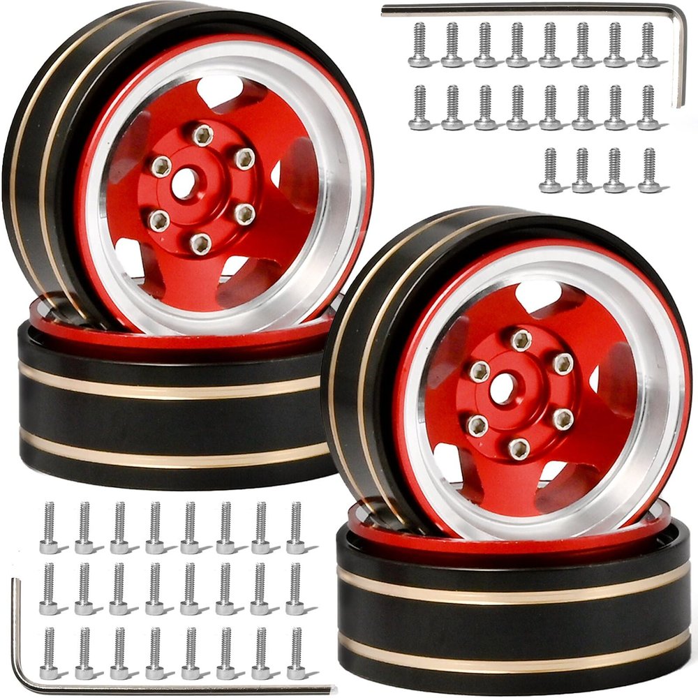 1.3 Beadlock Wheel Rim Aluminum Alloy Brass Negative Offset 1.3 Inches Wheel Hub Width 1.5cm OD 3.7cm Crawler Rims Fit for 1/18 1/24 TRX4M SCX24 FMS Ascent-18 RC Car Off Road Tire 4Pcs (Red)