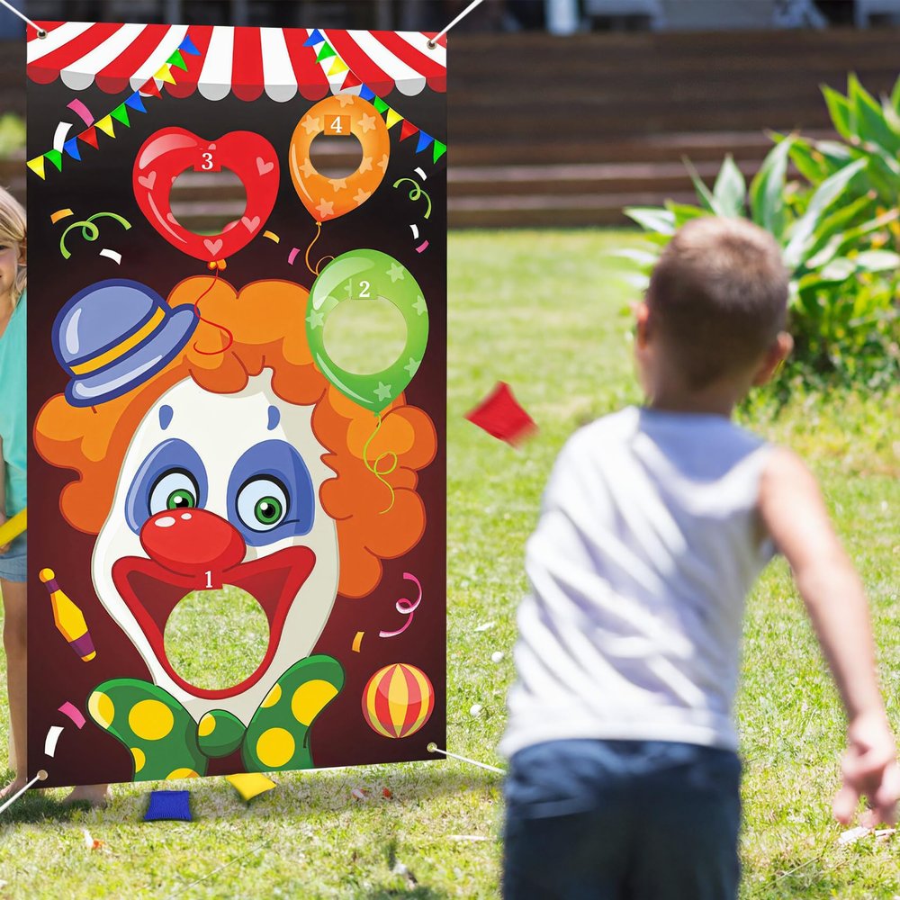 Carnival Toss Game Banner with 3 Bean Bags, Bean Bag Toss Game for Kids Adults Outdoor Carnival Party Games Supply, Circus Theme Birthday Party Decorations